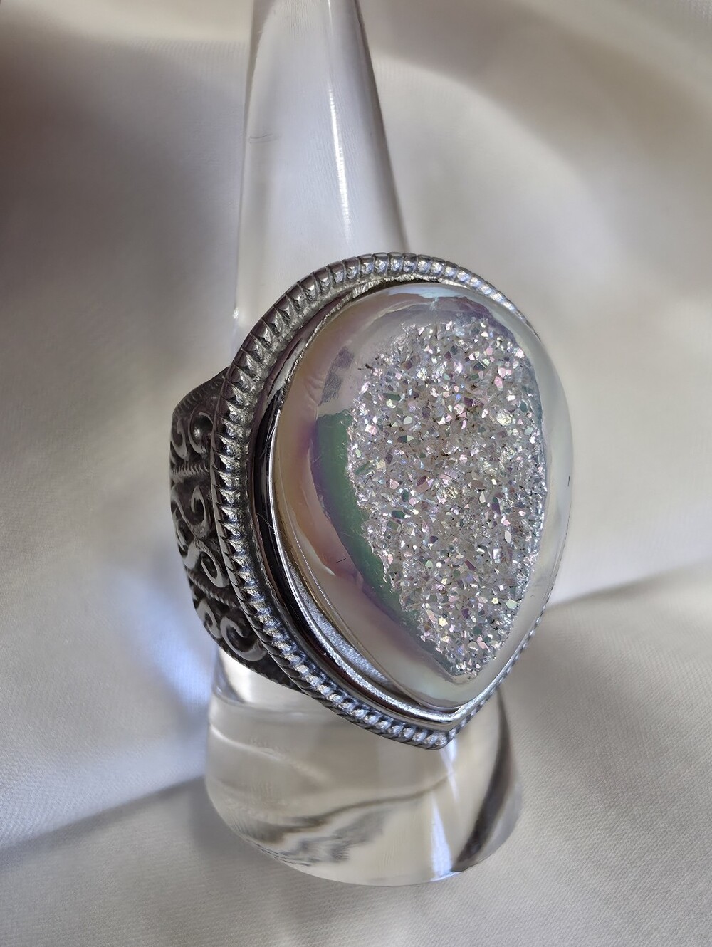 Silver Druzy Teardrop Statement Ring - Iridescent White In Stainless Steel